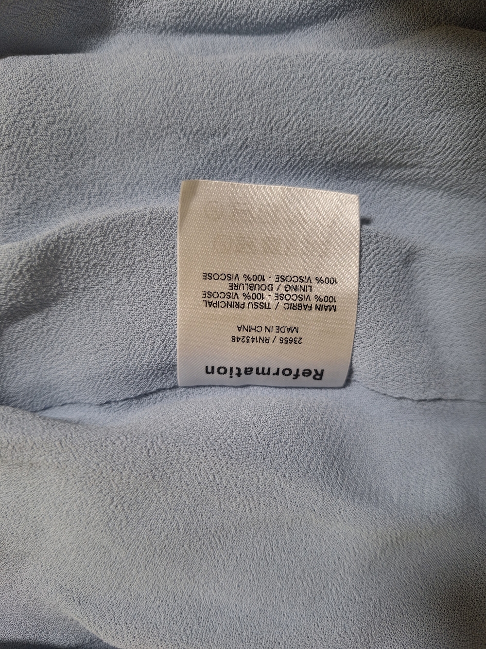 Reformation Blue Smocked Bodice Midi Dress Puff Sleeve Ruffle Hem Side Slit Sz L - Picture 5 of 7